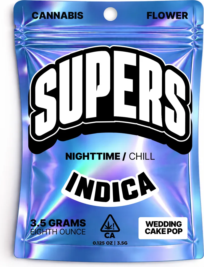 Supers Indica eighth bag, Wedding Cake Pop, blue holographic mylar