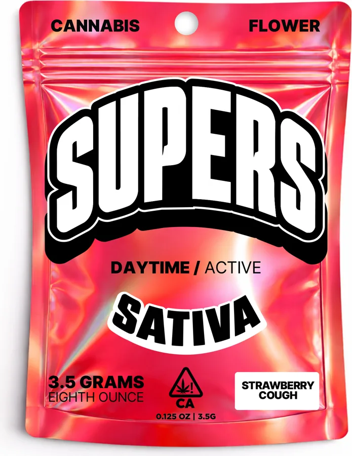 Supers Sativa eighth bag, Strawberry Cough, red holographic mylar